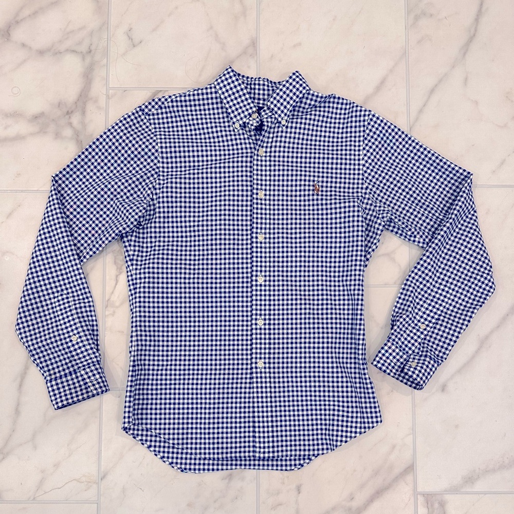 Barely worn blue gingham Ralph Lauren Oxford, slim medium; no defects